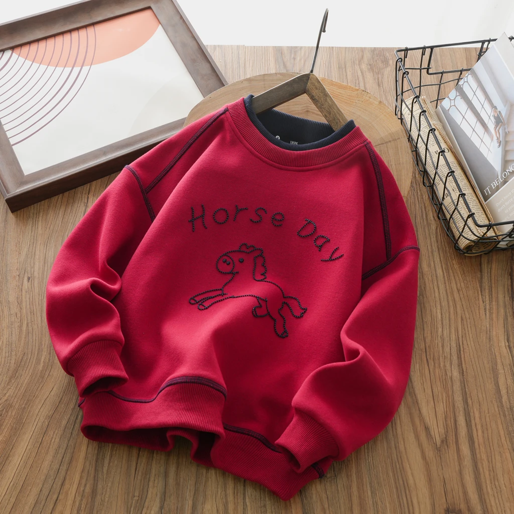 男童2025一体绒卫衣中大童冬加绒圆领衫儿童假两件休闲打底衫