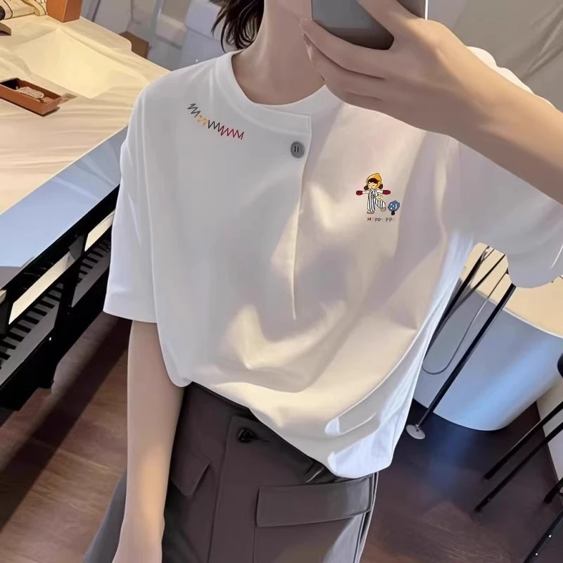 小个子简约通勤一粒扣圆领短袖T恤2025夏季新款卡通印花百搭上衣