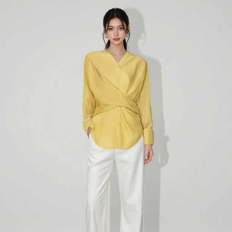 D爆款设计感长袖女上衣薄款夏季气质收腰衬衫黄色衬衣SHBZA917679