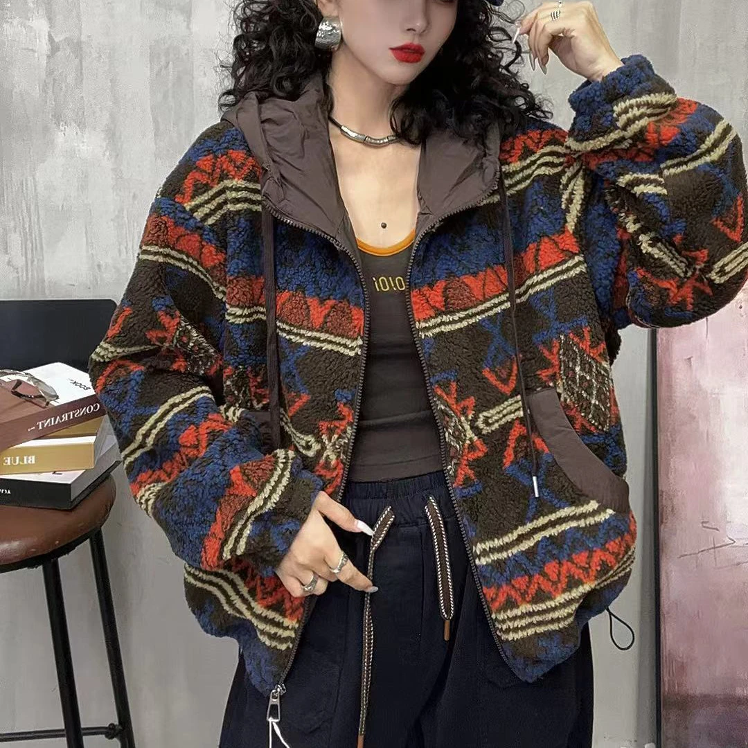 民族风宽松大码显瘦休闲花棉服潮冬季新加厚民族风连帽外套上衣女