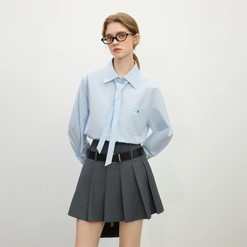 范思蓝恩松弛感小众纯棉长袖衬衫春新款可拆卸领结衬衣25FS11044