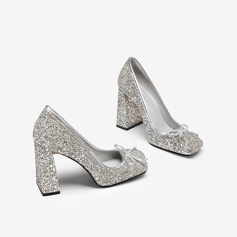 格利特银色单鞋女2025春季新款蝴蝶结粗跟浅口仙女风宴会高跟鞋子