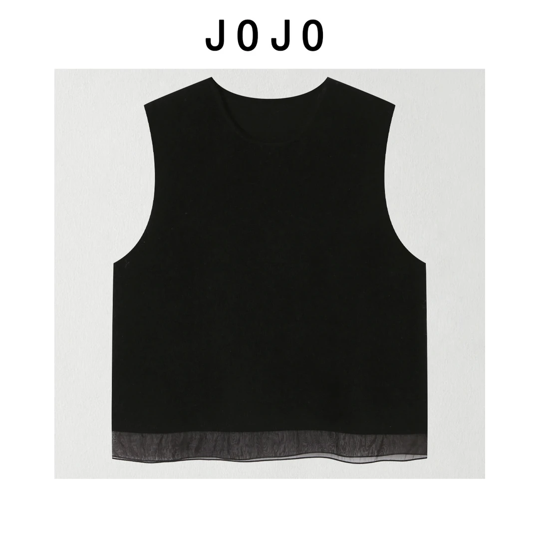 玖了个玖 2025冬款极简百搭下摆欧根纱拼接毛呢圆领背心2512C9254