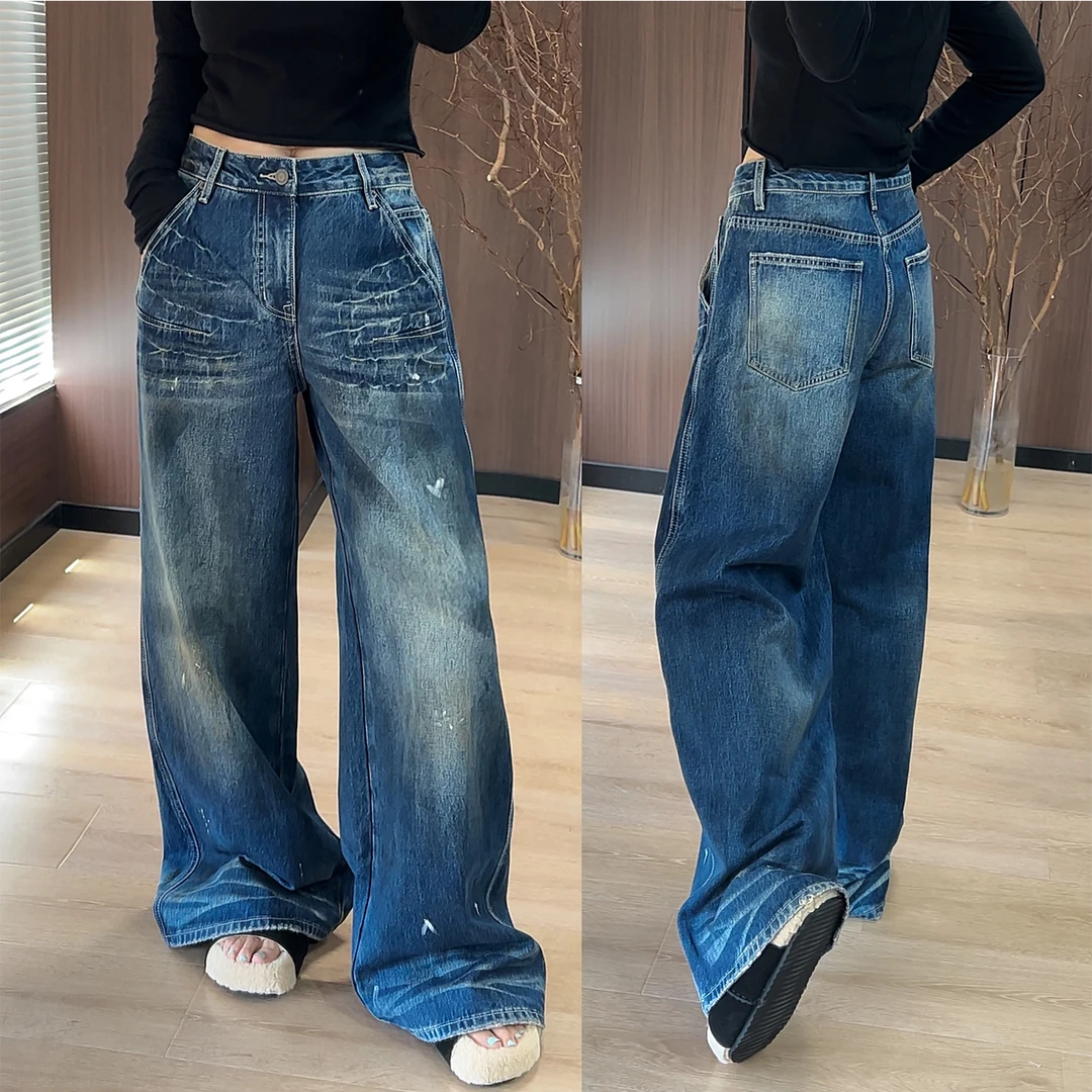 2025秋季新款复古水洗蓝做旧泼墨牛仔裤女设计感高腰显瘦阔腿长裤