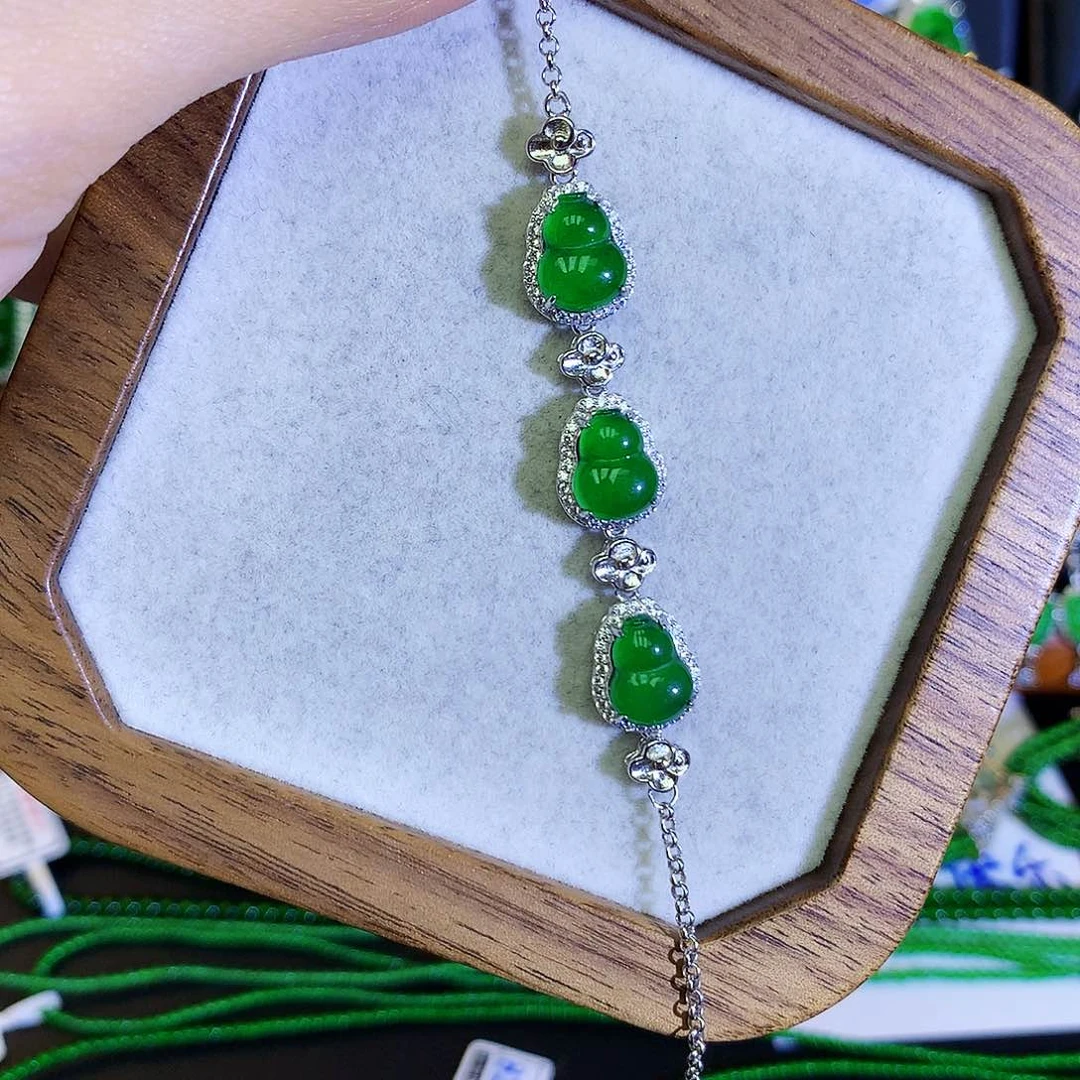 翡翠手链银S925镶嵌天然翡翠葫芦手链
