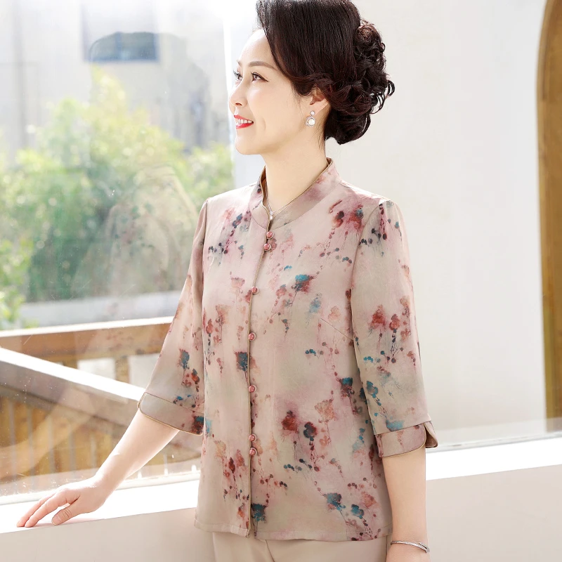 妈妈装春夏七分袖衬衫上衣中老年人夏装女衬衣T恤套装洋气奶奶装