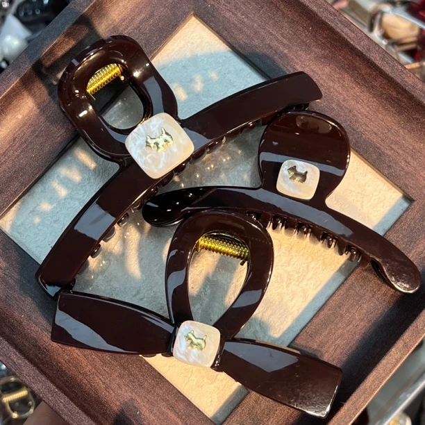 2025春夏巧克力棕贝壳小狗韩版ins百搭设计抓夹简约大气时尚休闲