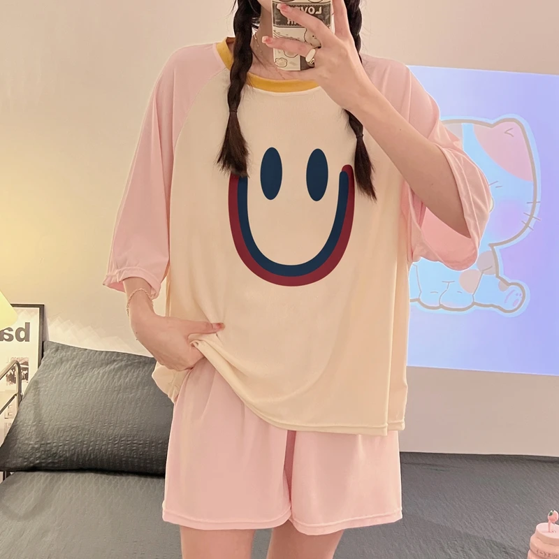 夏季宽松冰丝睡衣夏天短裤青年薄款少女家居服套装短袖ins休闲