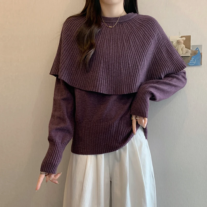 大码遮肚子宽松设计感假两件针织衫女秋冬胖mm洋气显瘦巨好看毛衣