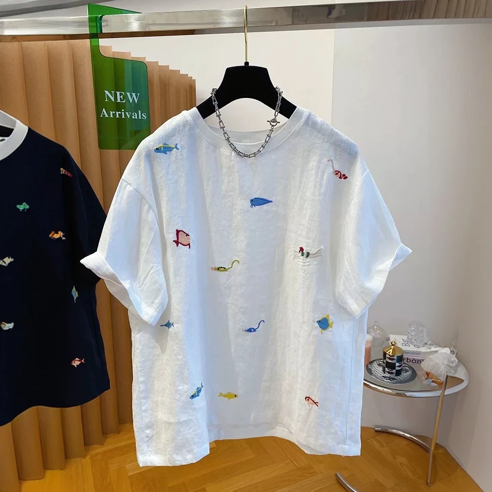 1201纯棉衬衫夏季新款时尚黄色刺绣卡通T恤高级感穿搭漂亮上衣