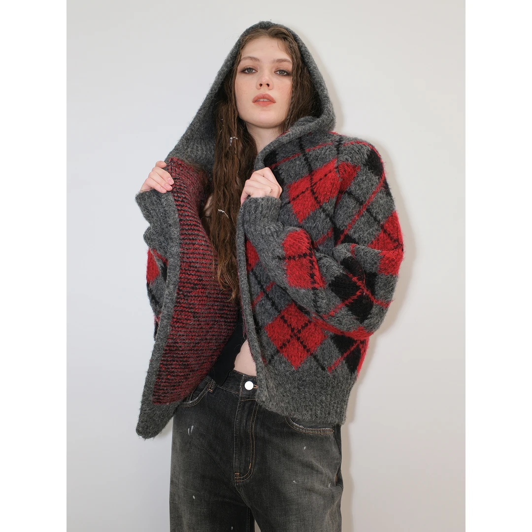 离森秋季新品复古菱格设计开衫休闲宽松毛衣外套叠穿神器