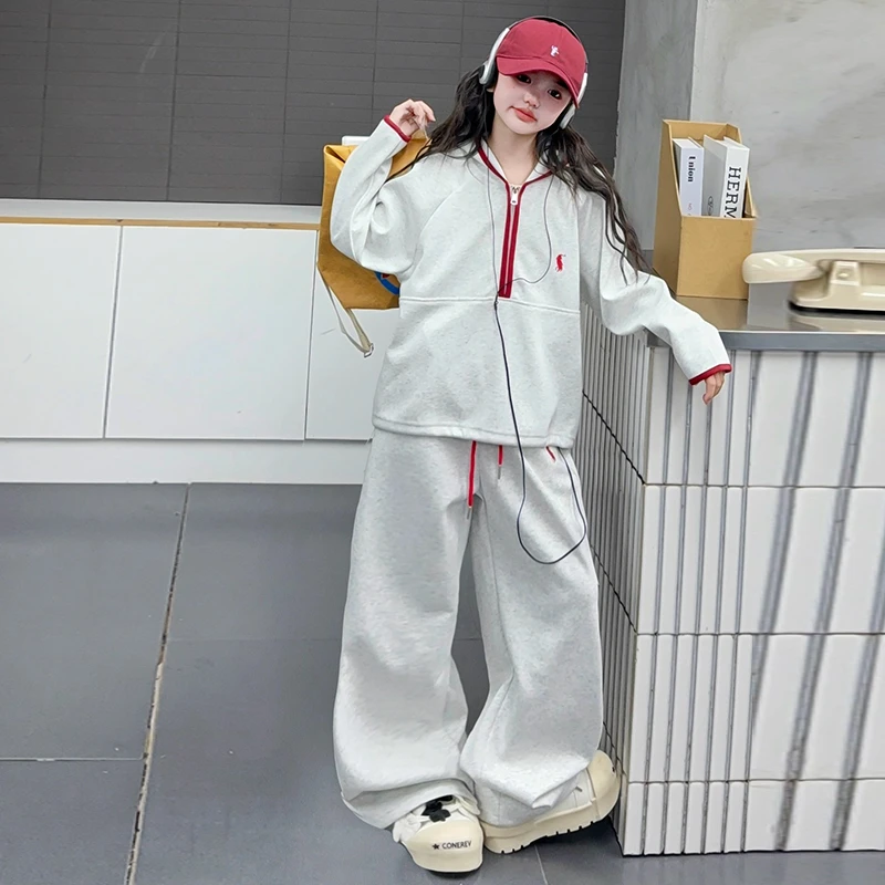 女童潮流穿搭拼色拉链连帽运动卫衣套装秋季韩版时尚慵懒风两件套