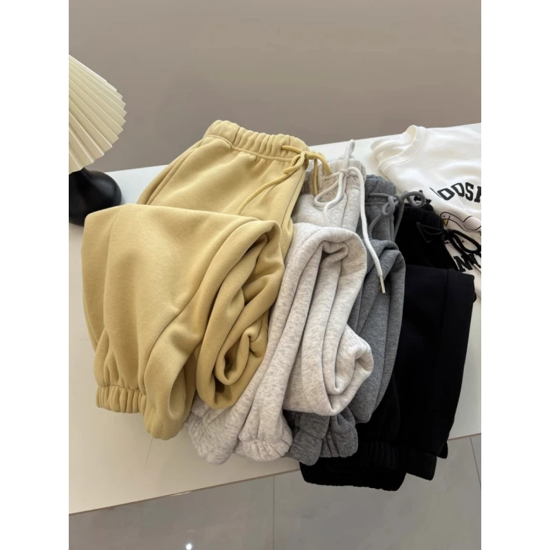 雪千羽大码胖MM韩版纯色高腰加绒运动裤秋冬宽松加厚束脚休闲卫裤