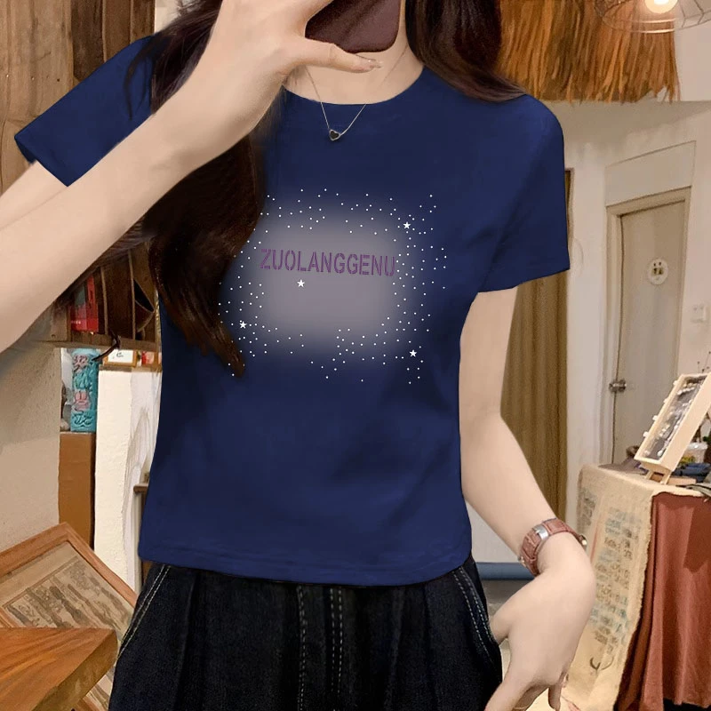 小个子圆领高腰T恤百搭2025夏季短款女士印花遮肚子大码半袖上衣