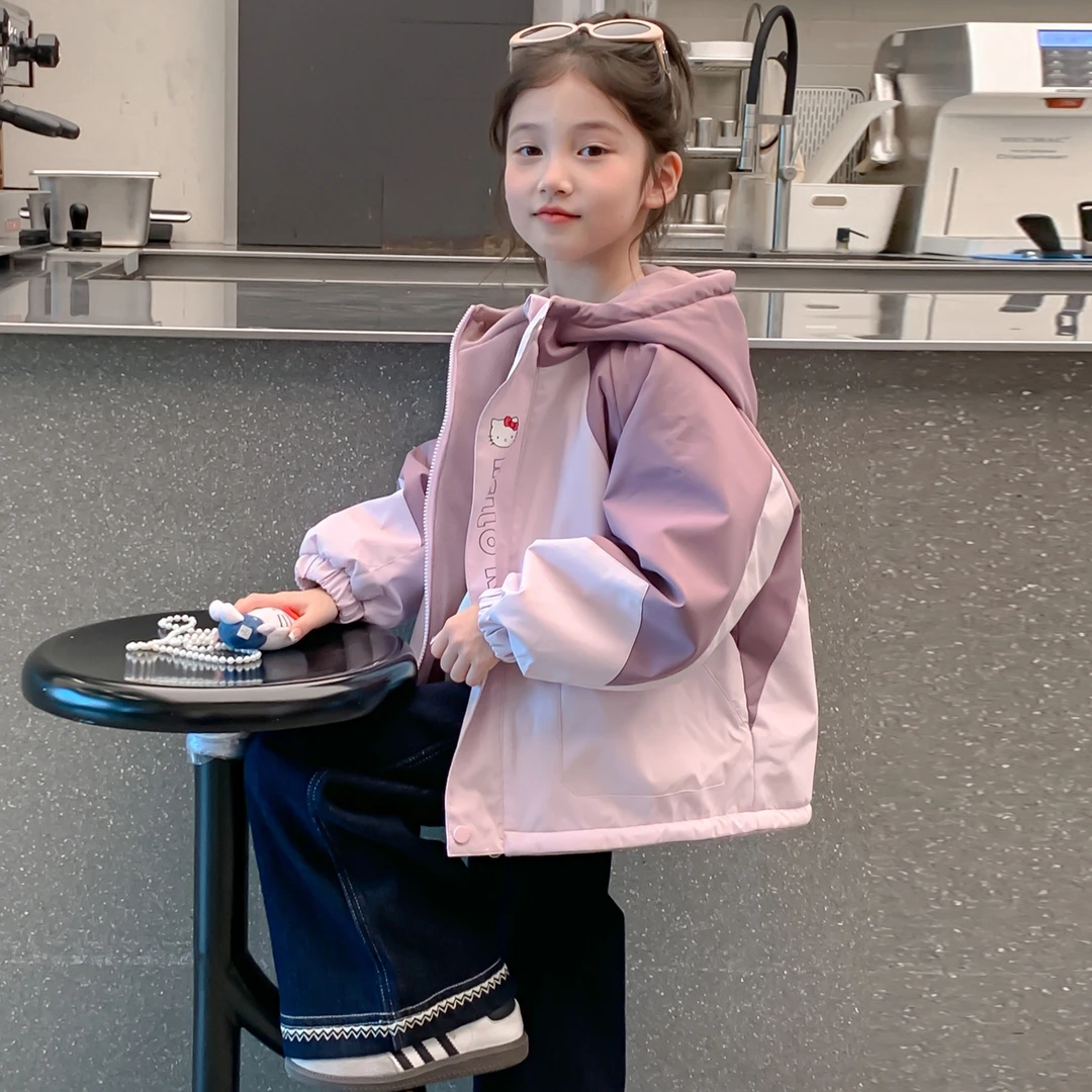 女童秋装外套2025新款儿童女孩秋冬两面穿加绒加厚连帽猫咪冲锋衣