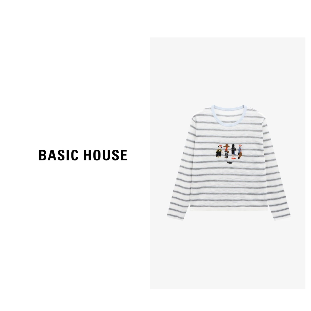 Basic House/百家好早秋新款撞色条纹刺绣洋气针织衫-B0625B5HUN2