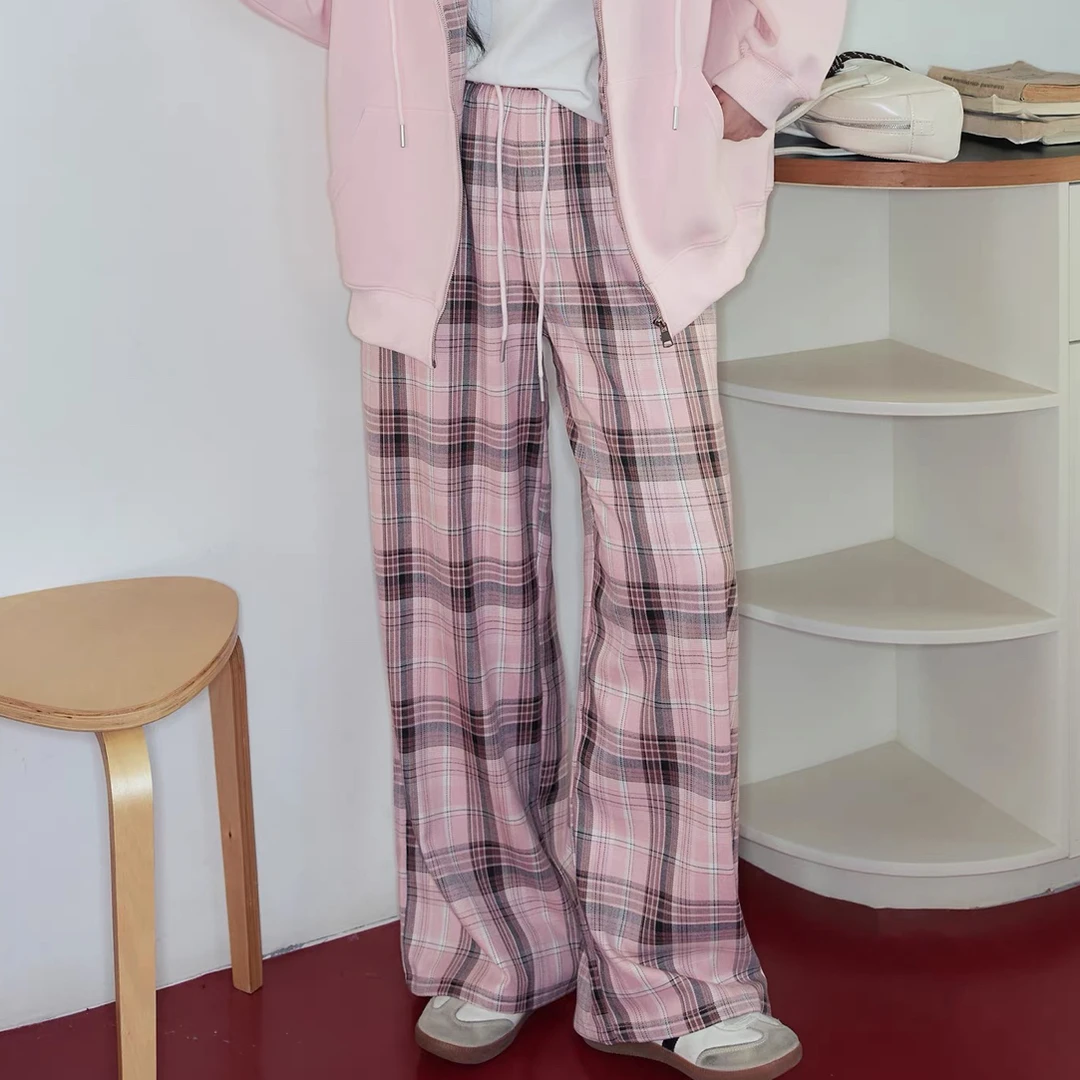 D50617新款抽绳直筒格子休闲裤甜酷风格纹女小个子