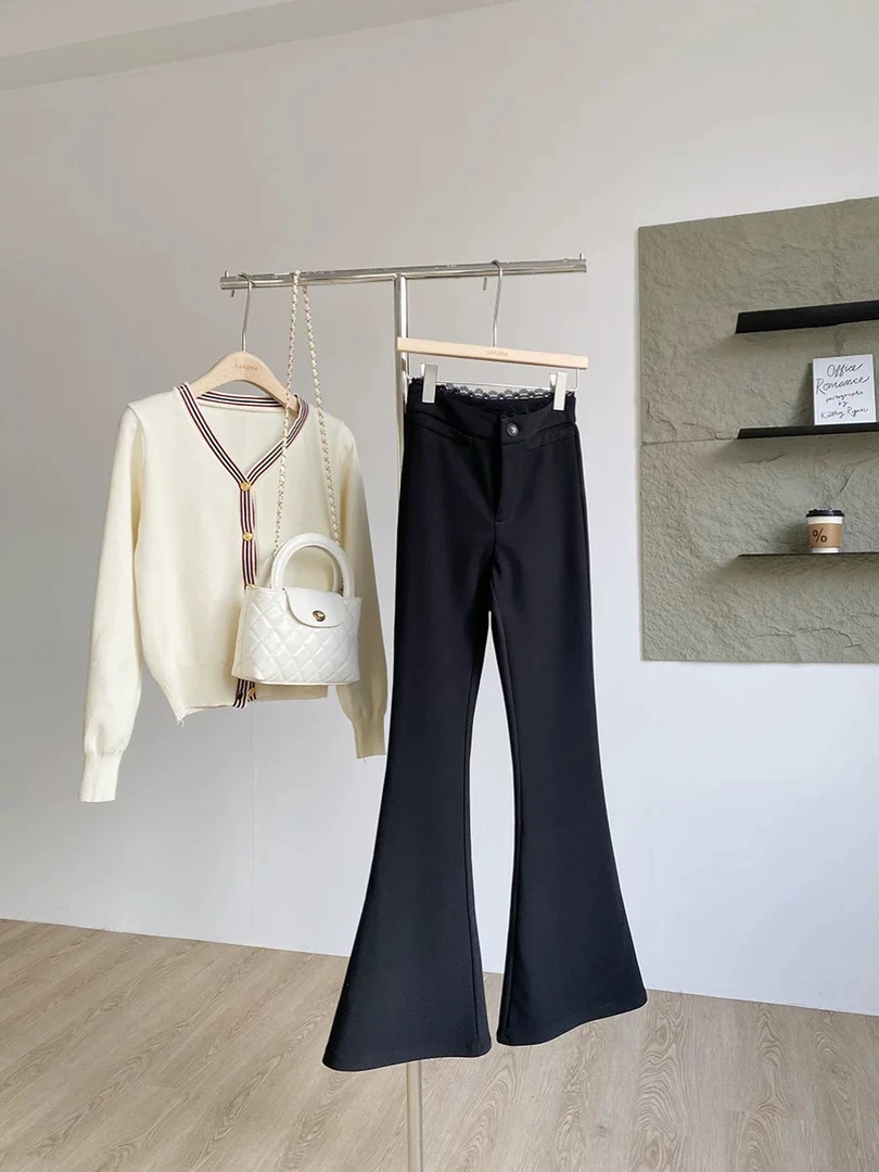 黑色蕾丝花边拼接高腰微喇叭裤女春季垂感加长休闲西装