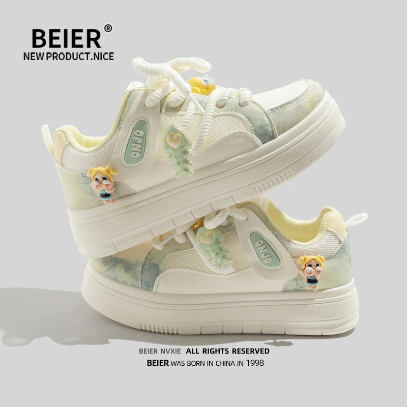 BEIER百搭网面透气小白鞋2025夏季新款爆款小众厚底板鞋女鞋11162