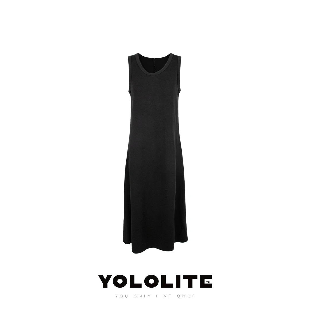 YOLOLITE【黑天鹅】2696黑色背心裙无袖纯色长款外穿连衣裙中长裙