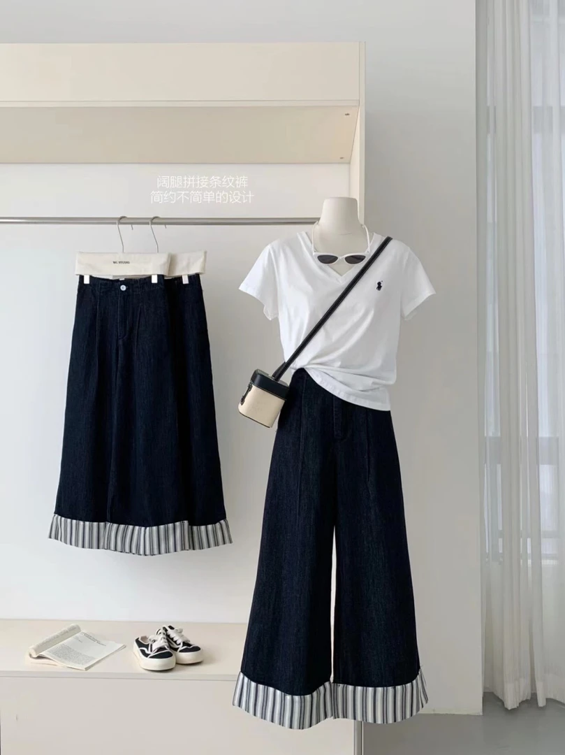 春季显瘦翻边牛仔裤阔腿松紧腰高腰