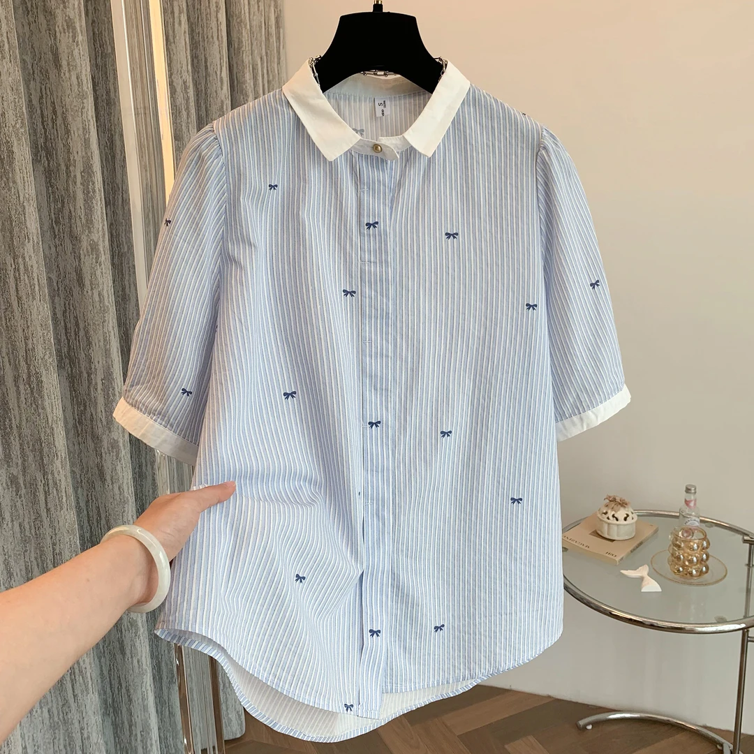 【全额运费补贴】蓝白小清新条纹减龄女士衬衫休闲百搭洋气好看薄款