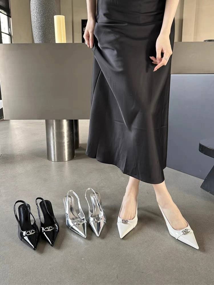 2025春夏新款按摩底浅口尖头高跟鞋女时尚百搭外穿一字带包头拖