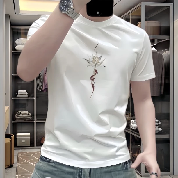 夏季国潮简约个性男女情侣款锦鲤莲花印花修身透气短袖t2025年潮