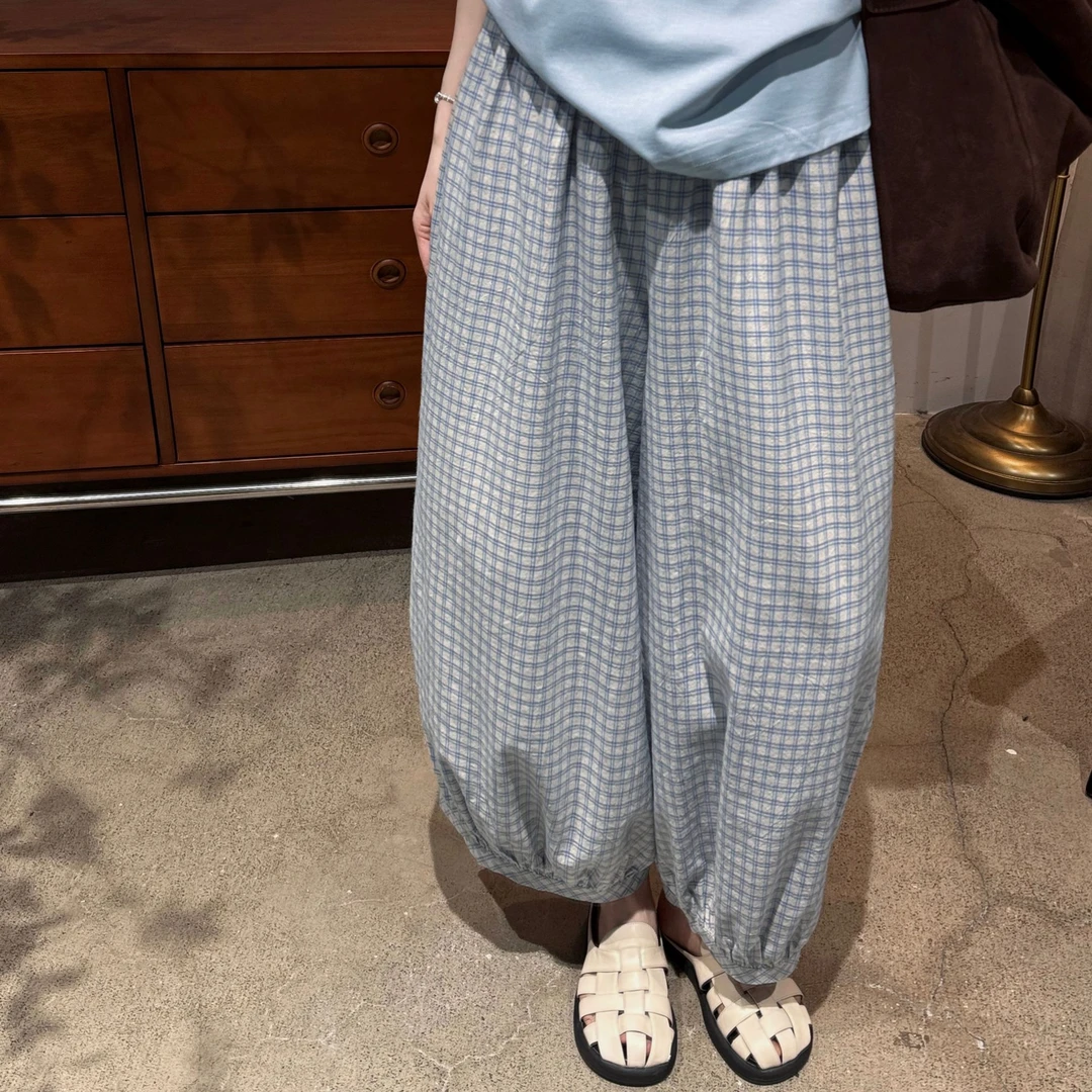 韩系休闲时尚百搭阔腿松紧腰2025爆款小细格纹裤子-J25215302