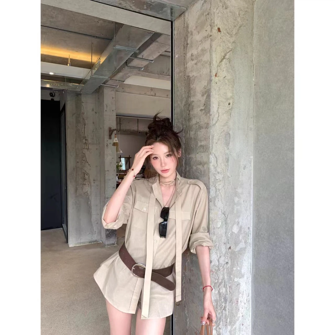 曼曼【高智美学】老钱风苎麻系带气质休闲收腰中长款衬衣