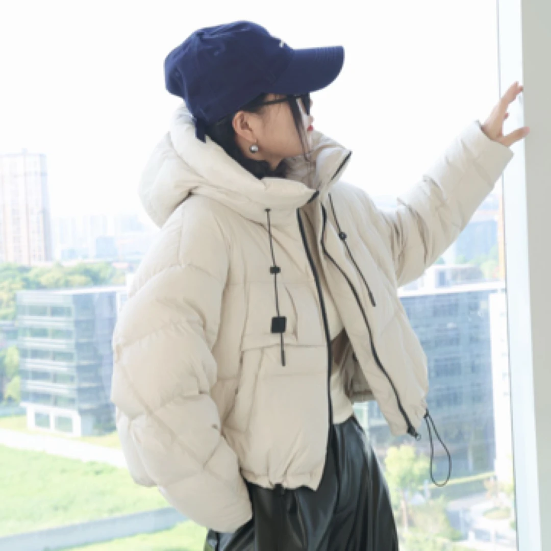 FCEO连帽韩版拼接常规时尚厚款休闲宽松连帽保暖拉链羽绒服短款