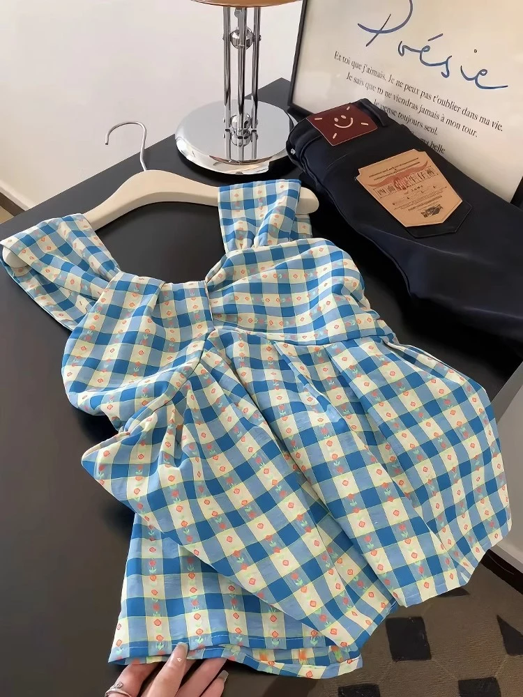 【8673桃】大码女装胖mm荷叶边格子吊带背心夏季甜美显瘦无袖上衣