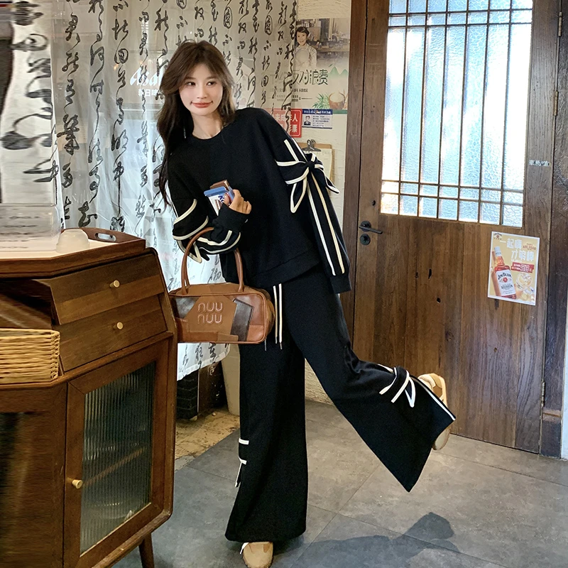 黑色韩版蝴蝶结立体装饰卫衣套装女2025春季新款高腰阔腿裤两件套