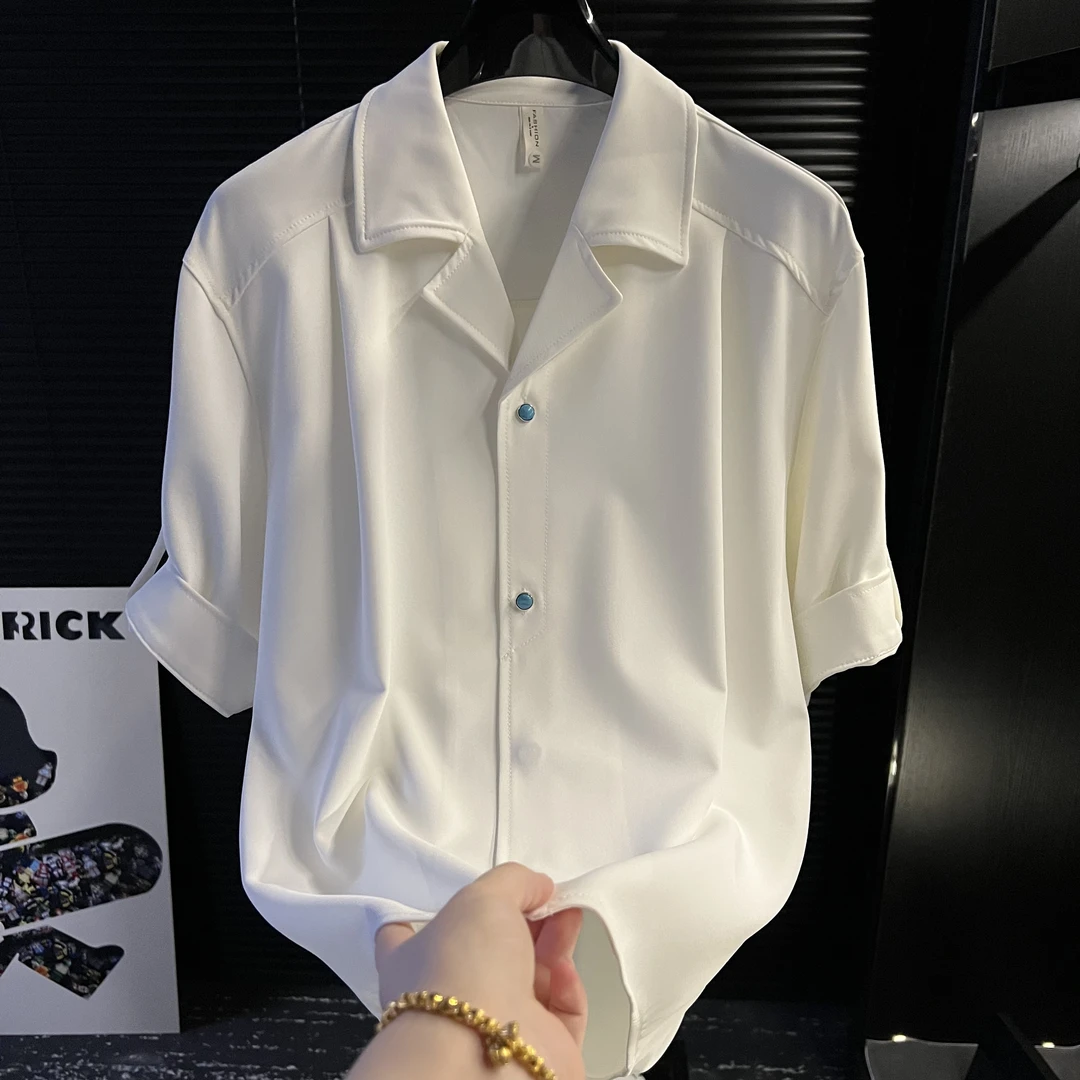 TQ-商务休闲男装2025夏季新款衬衣大翻领中袖衬衫男气质高级感