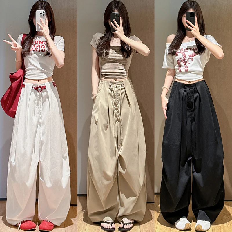 卡其色剪刀裤女2025夏薄款高腰显瘦阔腿裤速干百搭慵懒弯刀裤夏季