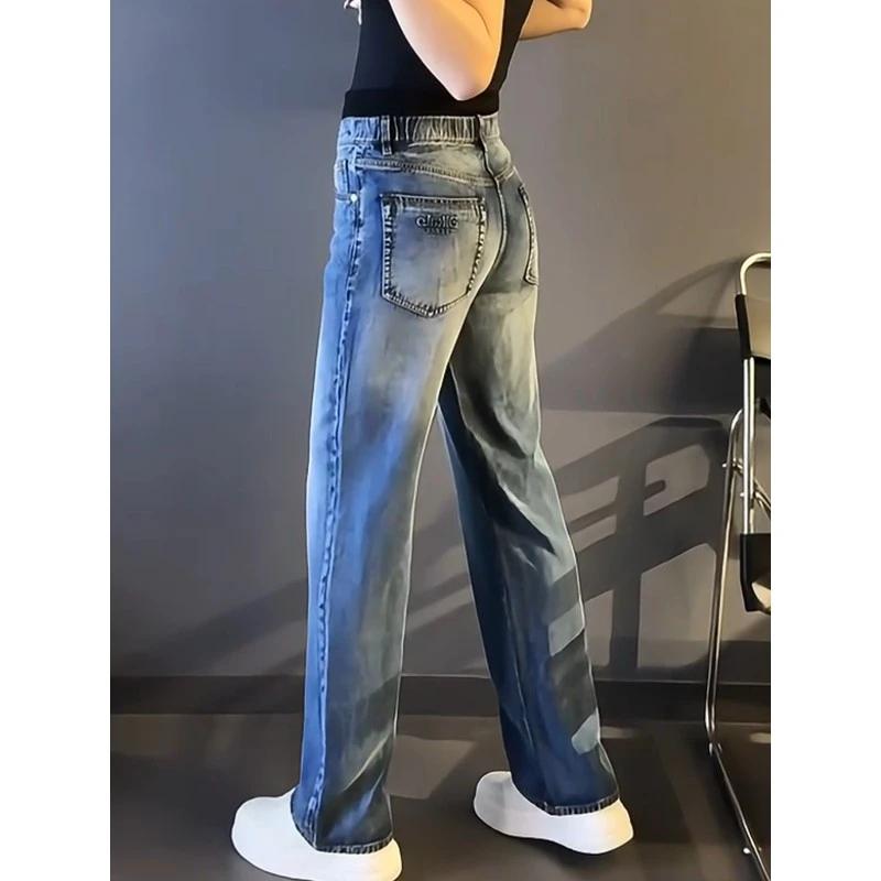 春秋冬季轻奢男装大码男士时尚新款百搭牛仔裤宽松个性字母直筒裤