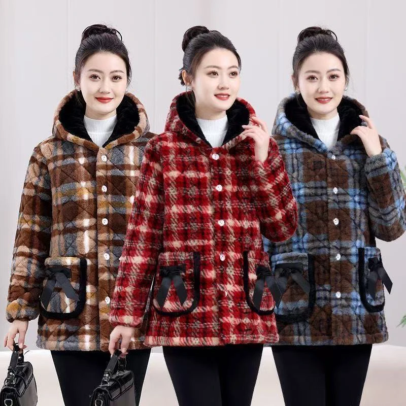 冬款女士中长款时尚宽松连帽加绒休闲中老年秋冬季棉衣新款花棉袄