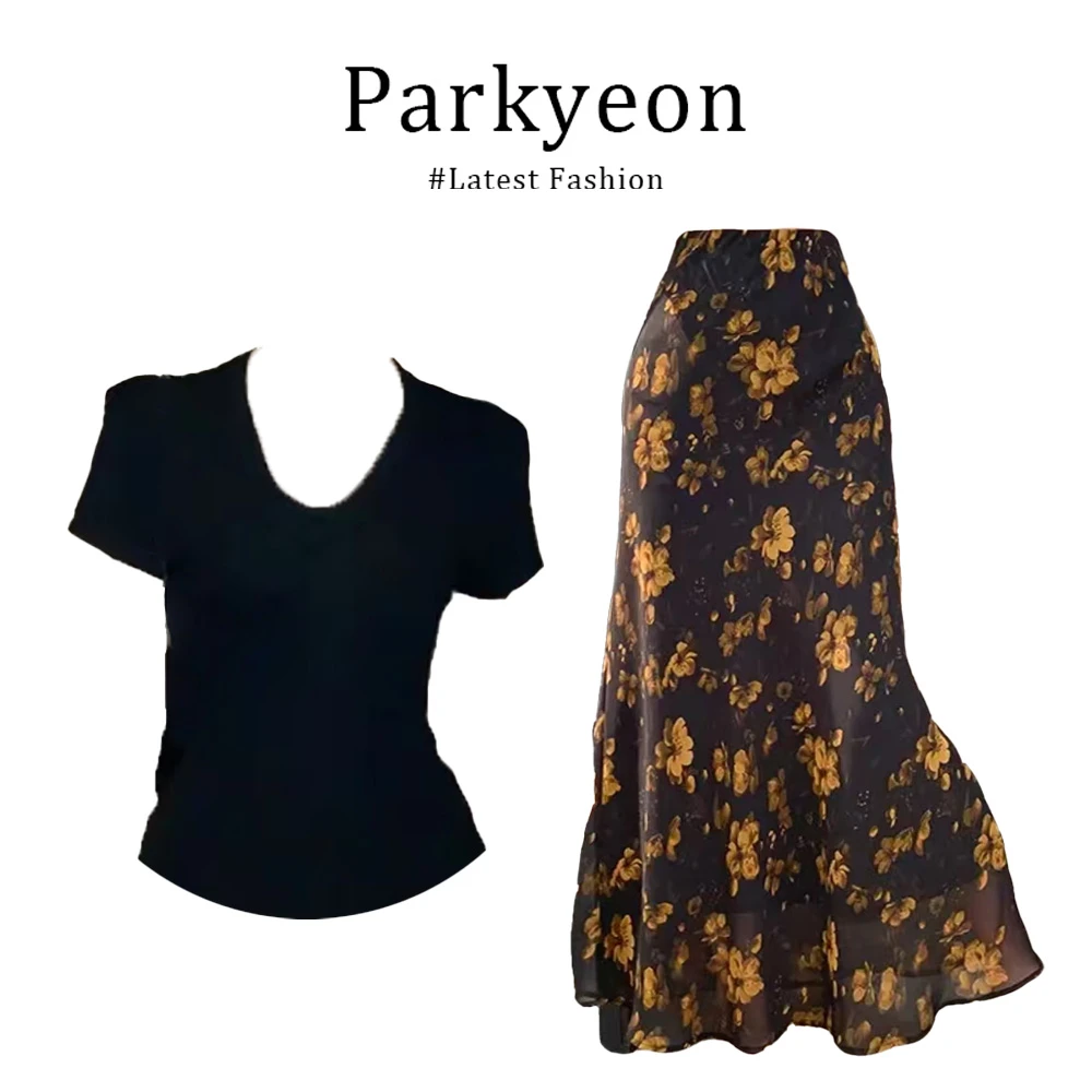parkyeon气质女神范高端纯色百搭短袖T恤高腰碎花半身裙两件套装.