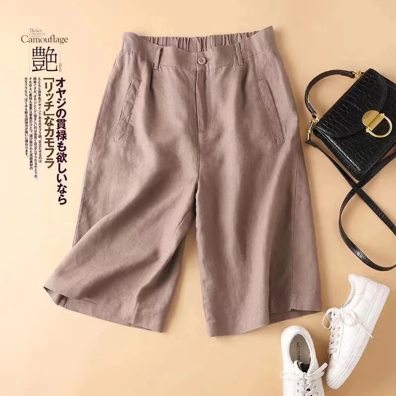 亚麻西装短裤女夏季薄款宽松百搭高腰显瘦休闲直筒五分棉麻阔腿裤