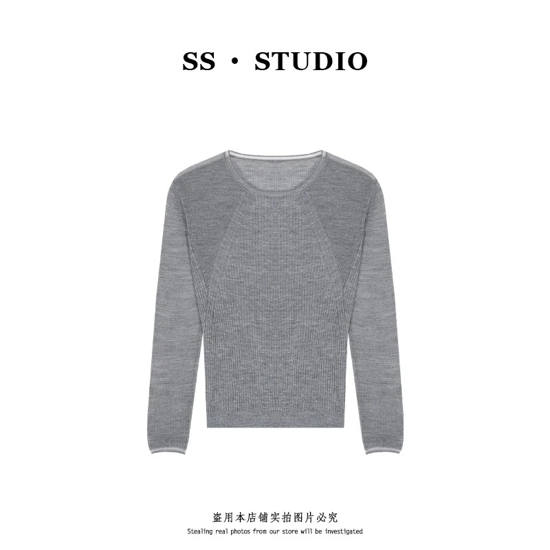 2025早秋新款高级感休闲修身显瘦圆领毛针织衫女秋冬打底灰色毛衫