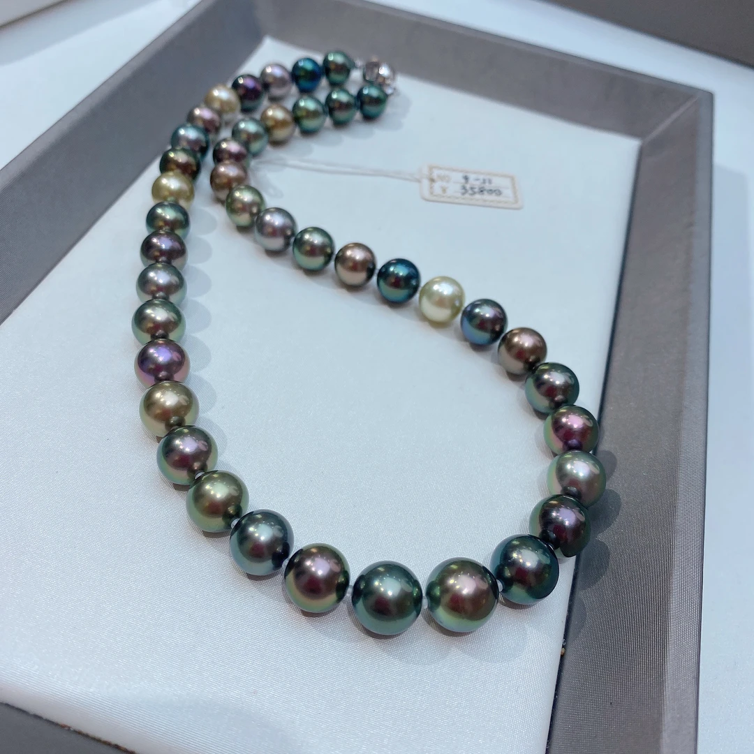 全色谱混彩9-11mm大溪地混彩珍珠项链 正圆镜面光