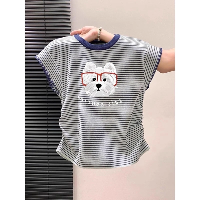 正肩蓝色条纹短袖t恤女2025夏季新款撞色领独特别致褶皱短款上衣