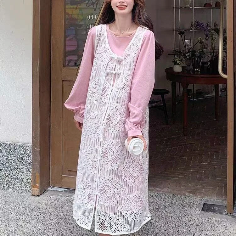 大萝莉大码宽松设计款中式盘扣钩花蕾丝罩衫连衣裙套装胖MM220斤