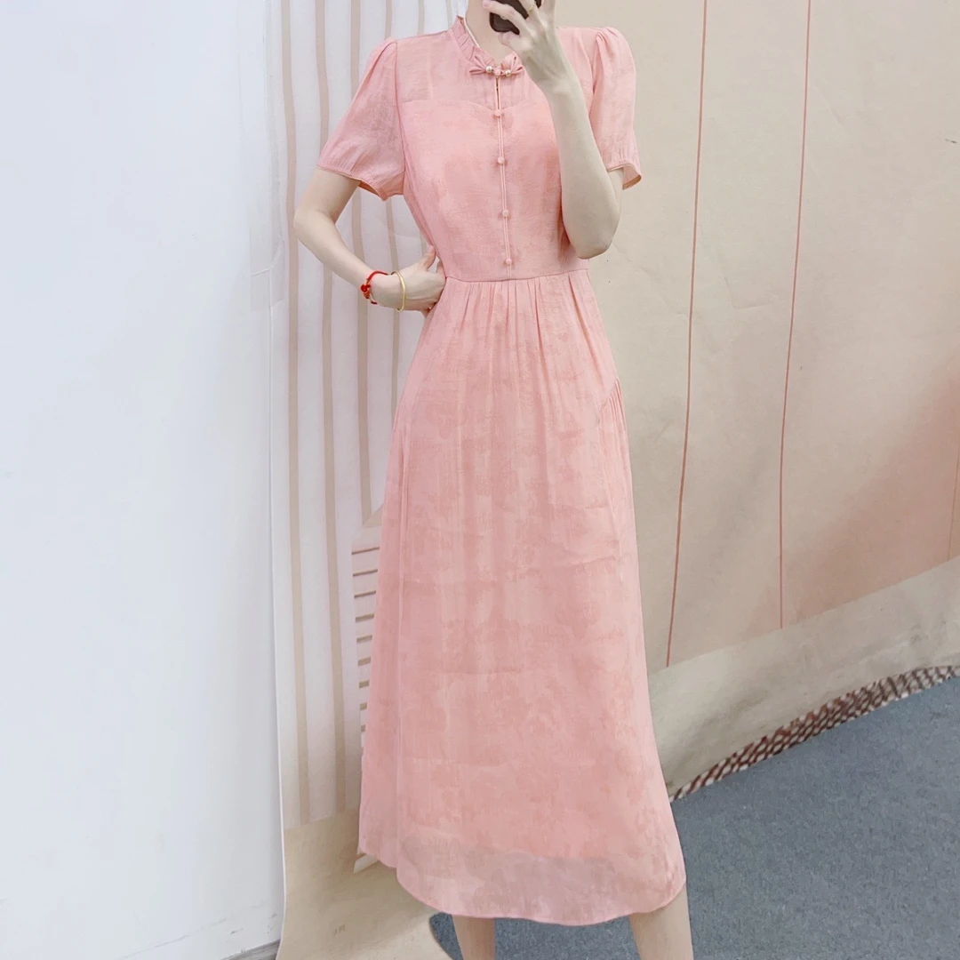 555国风新中式淑女温柔短袖中长连衣裙4555/GP