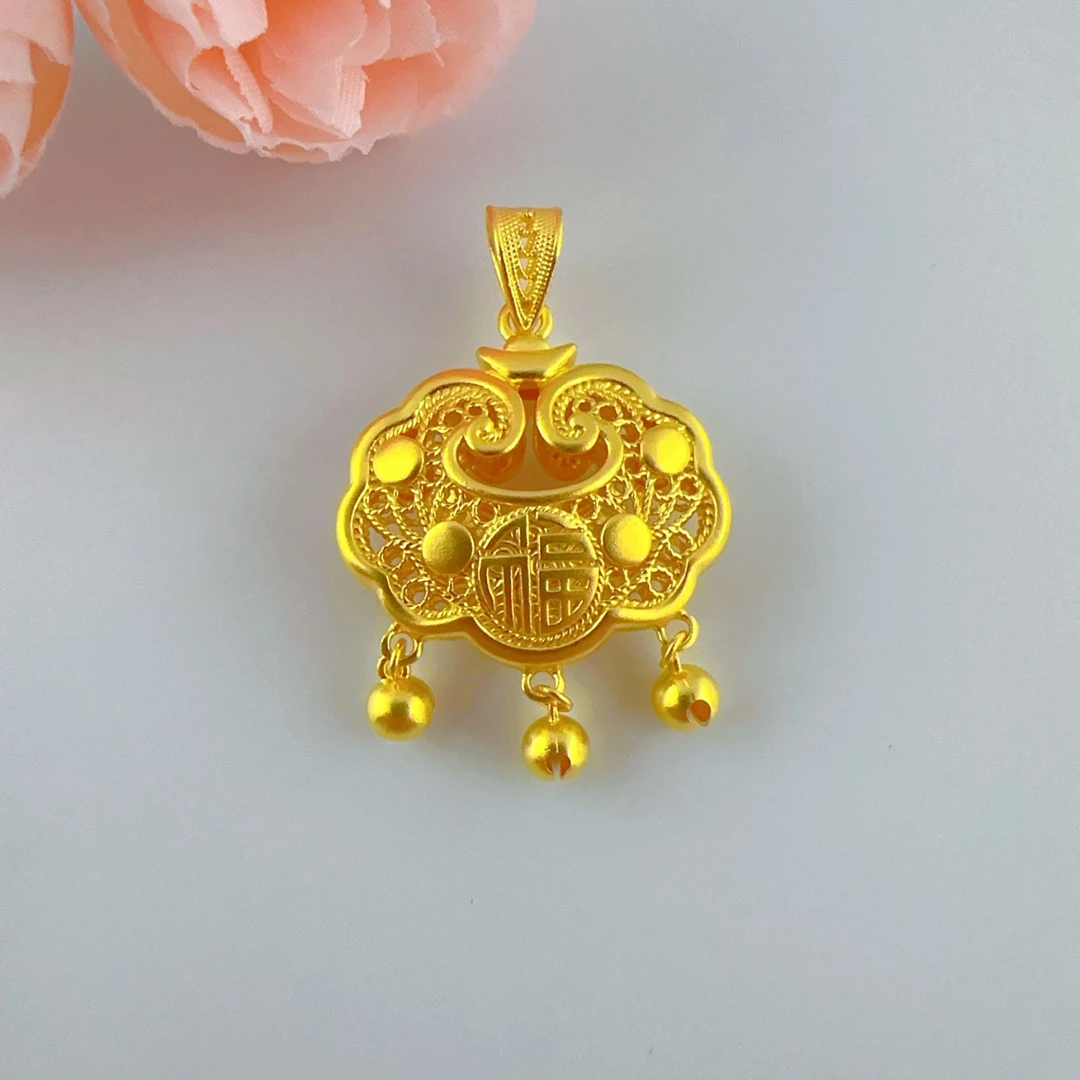 足金黄金 福字铃铛锁 精致时尚双面如意同心锁包吊坠