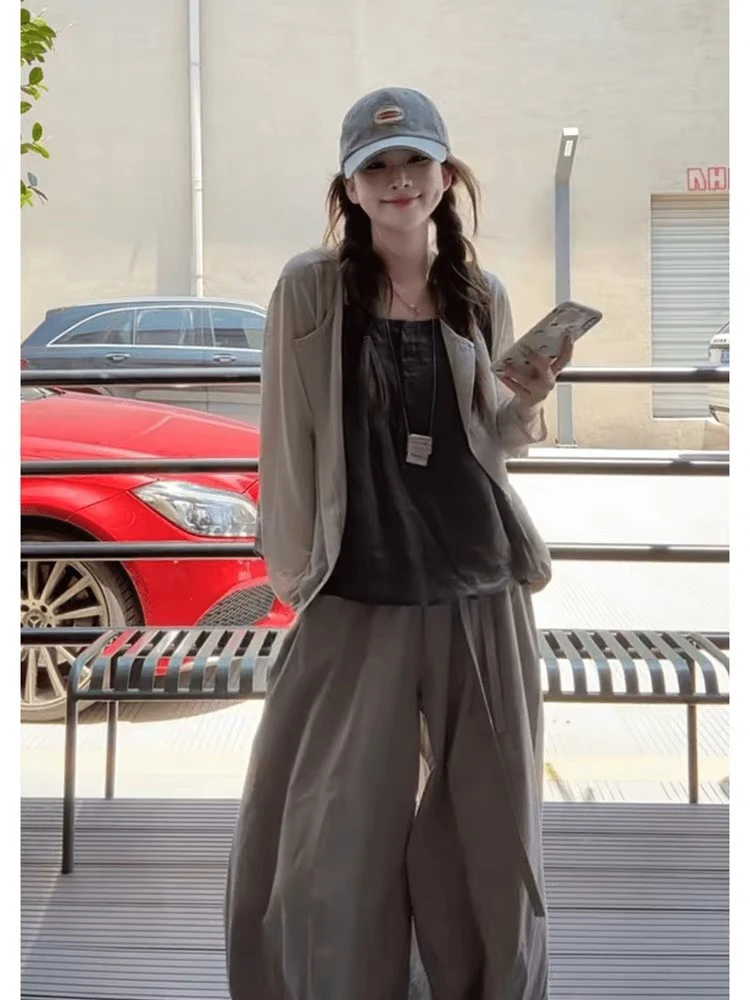 【安心推荐】韩系休闲套装夏季新款开衫减龄吊带背心高腰阔腿拖地裤