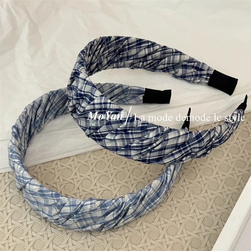 韩版文艺复古蓝格子褶皱布艺发箍女高级感宽边百搭头箍气质压发卡