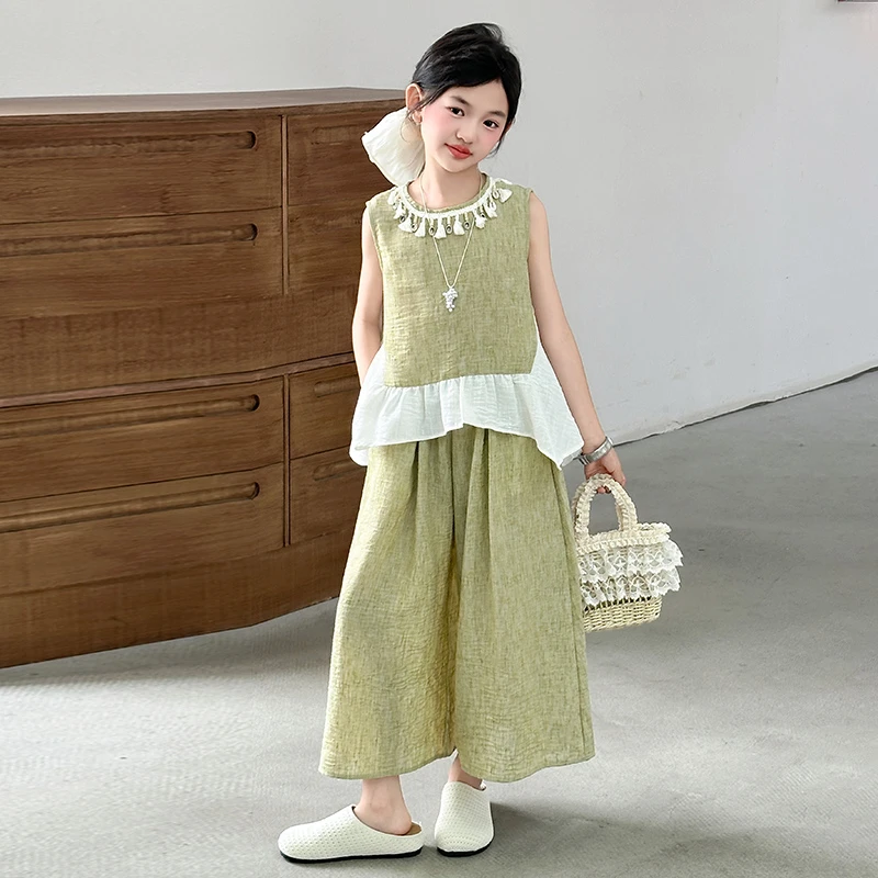 女童夏装休闲度假套装2025新款洋气薄款童装女孩夏季无袖阔腿裤潮