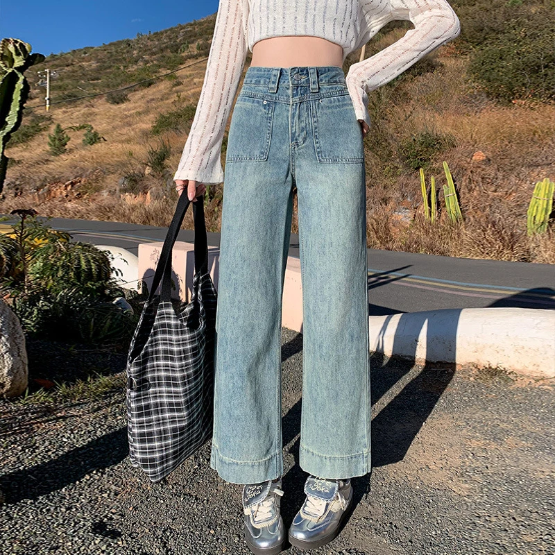 2225阔腿直筒裤牛仔女高腰修饰腿型不起球小个子显瘦牛仔女裤夏季