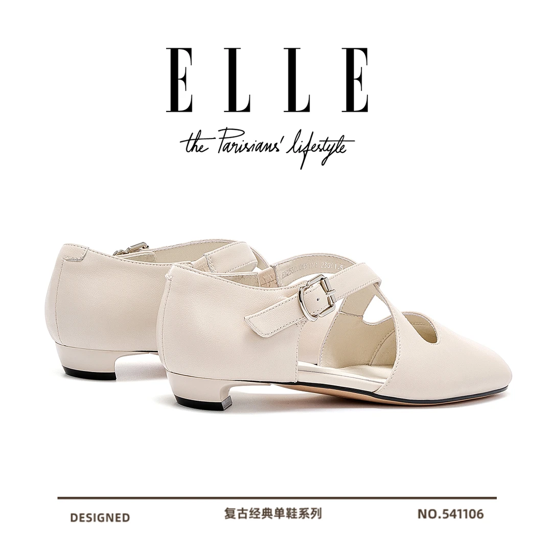 ELLE网红交叉带低跟小皮鞋2025夏季新款真皮镂空包头凉鞋时装女鞋